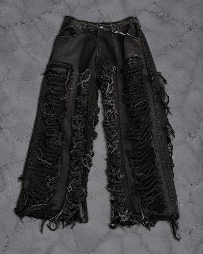 BLACK SHREDDED DESTROY WIDE DENIM