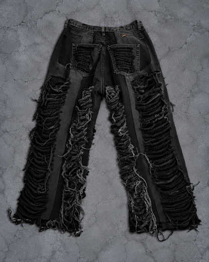 BLACK SHREDDED DESTROY WIDE DENIM